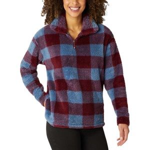 Eddie Bauer medium blue red plaid plush quarter zip sweater
